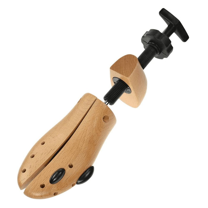 A wooden shoe stretcher with metal rods and plastic attachments, designed for expanding the size of shoes.