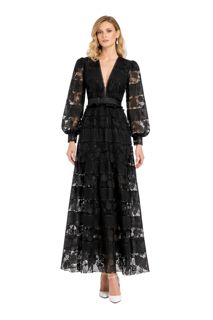deep V lace maxi dress with tiered satin panels – TIYAH
