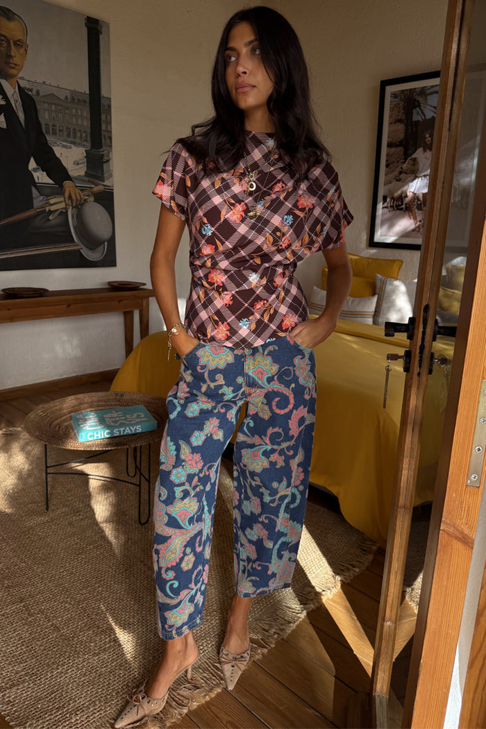 Blue Denim Paisley Barrel Leg Jeans with a pink and teal print, styled with a brown check floral top.