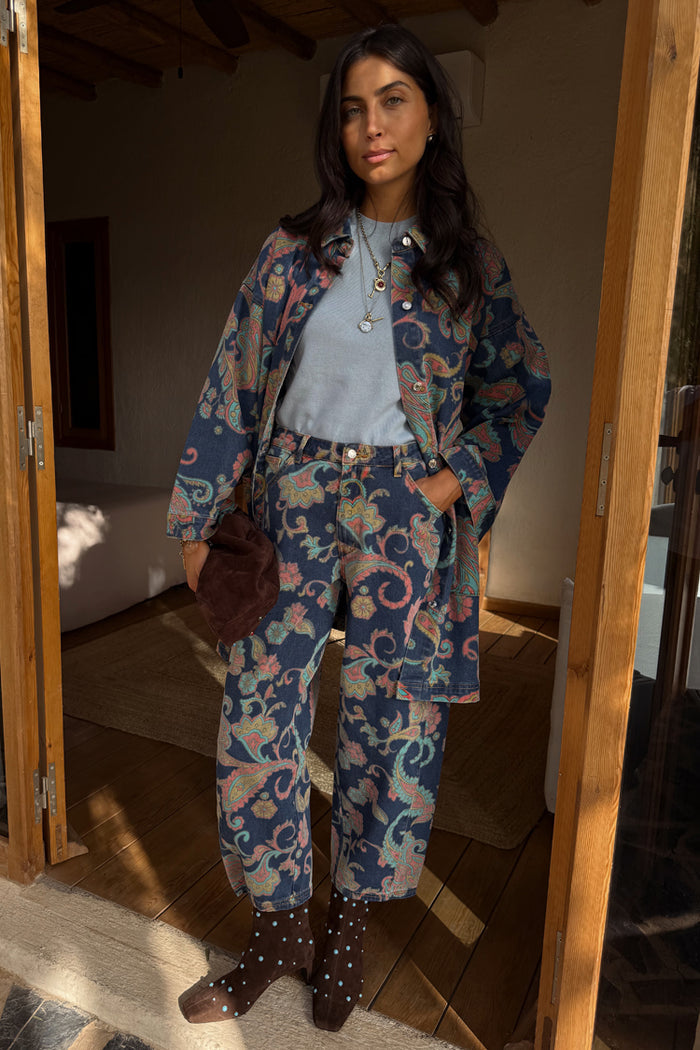 Blue Denim Paisley Barrel Leg Jeans and matching shacket featuring a multi-coloured print.