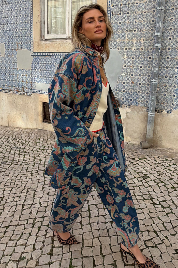 Blue Denim Paisley Barrel Leg Jeans with a pink and green print, styled as a co-ord with a matching shacket.