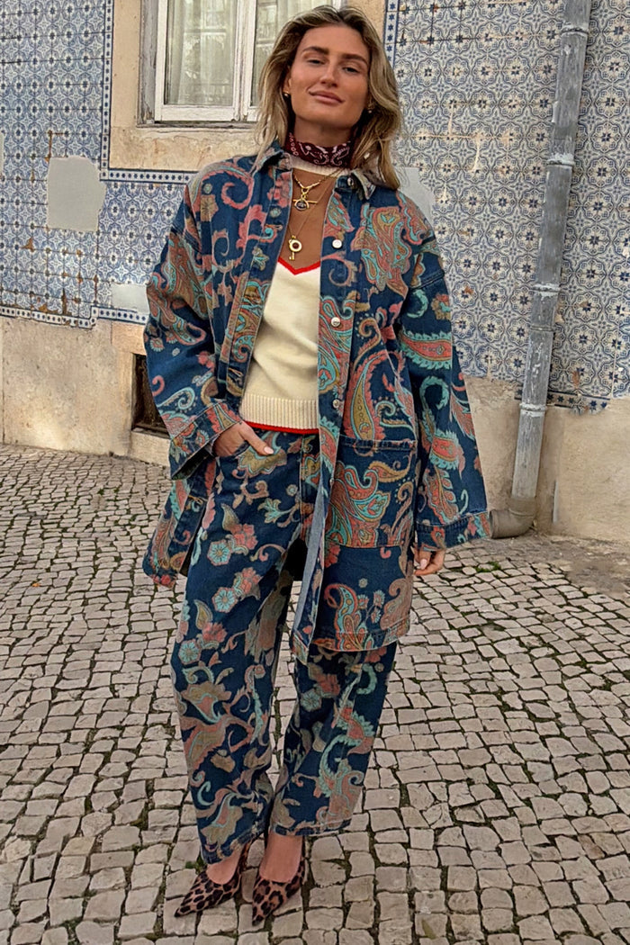 Blue Denim Paisley Barrel Leg Jeans and matching shacket featuring a multi-coloured print for a London street style look.