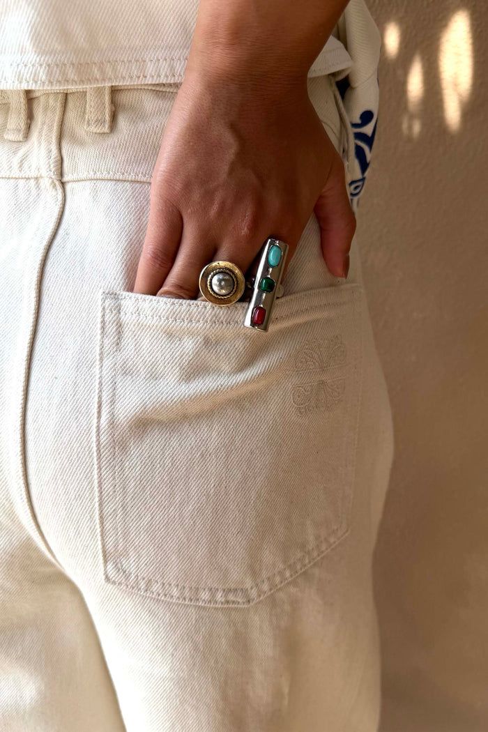 Dolce Vita embroidered barrel leg jeans in cream denim with an NFD logo on the back pocket.