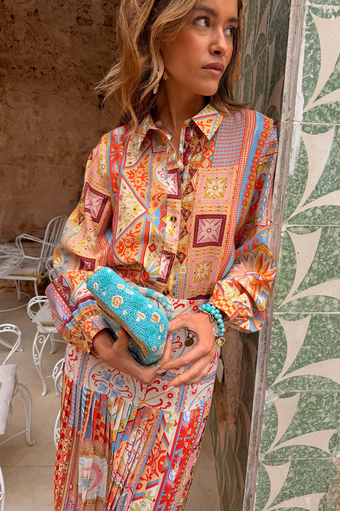 Dolce Vita Marley Shirt in a multi-coloured patchwork tile print with balloon sleeves and a matching co-ord skirt.