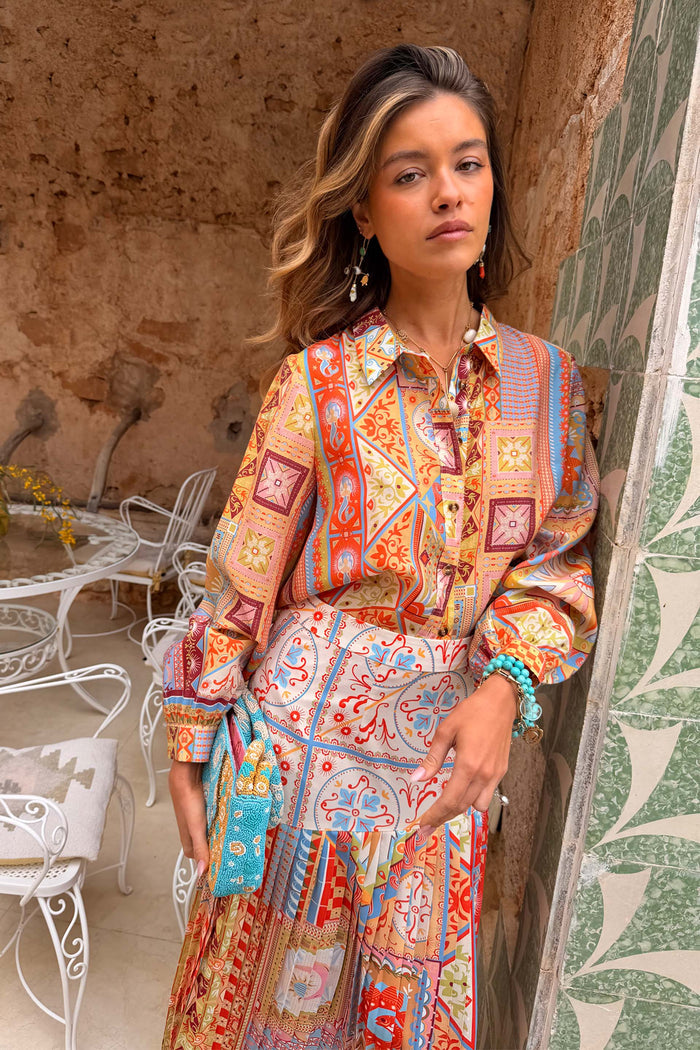 Oversized Dolce Vita Marley Shirt with a multi-coloured patchwork tile print and balloon sleeves, styled as a co-ord.