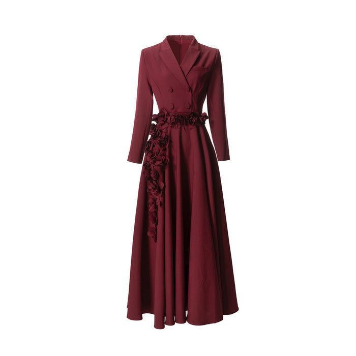 double-breasted crepe gown with 3D floral waist – MAURELLE