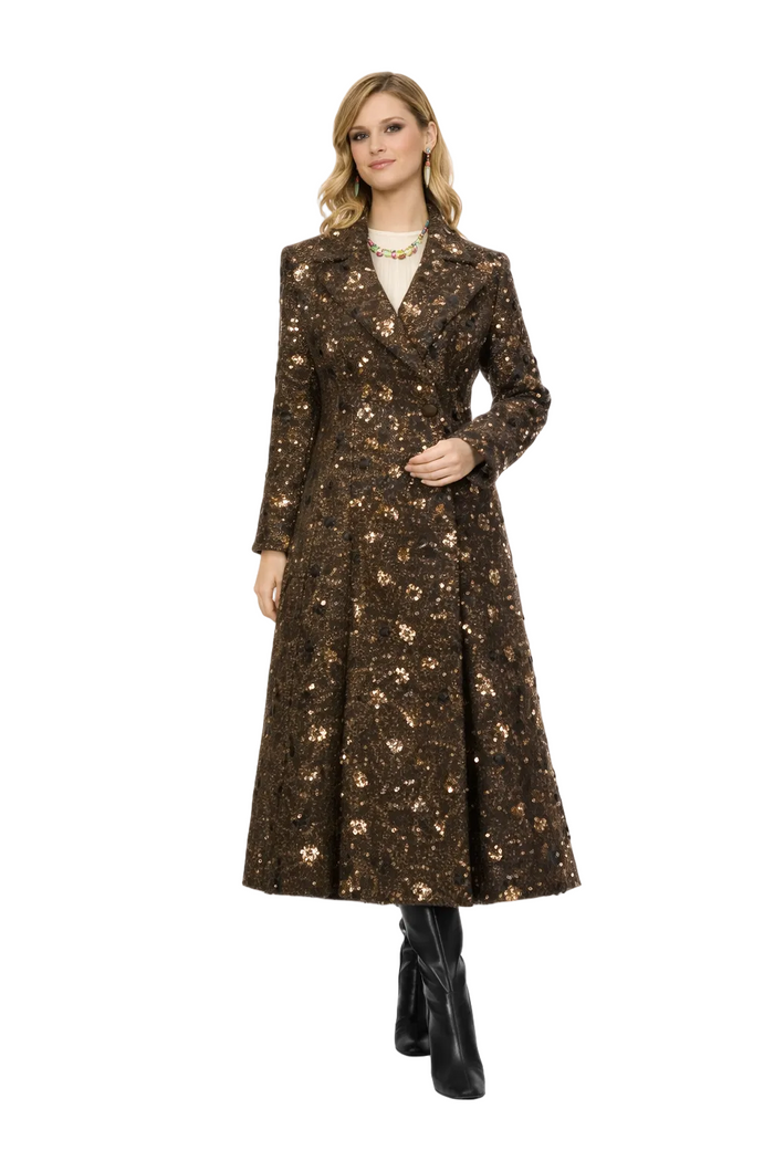 double breasted tweed long coat with metallic detailing – BRONZIA