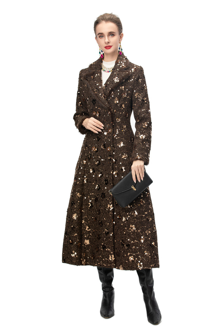 double breasted tweed long coat with metallic detailing – BRONZIA