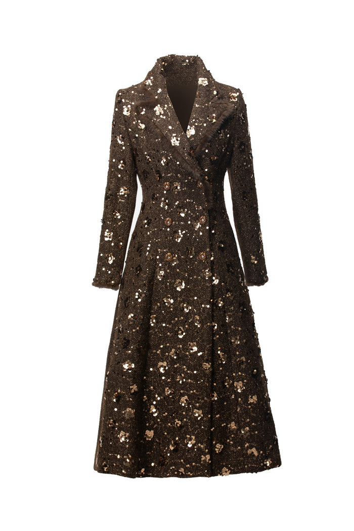double breasted tweed long coat with metallic detailing – BRONZIA