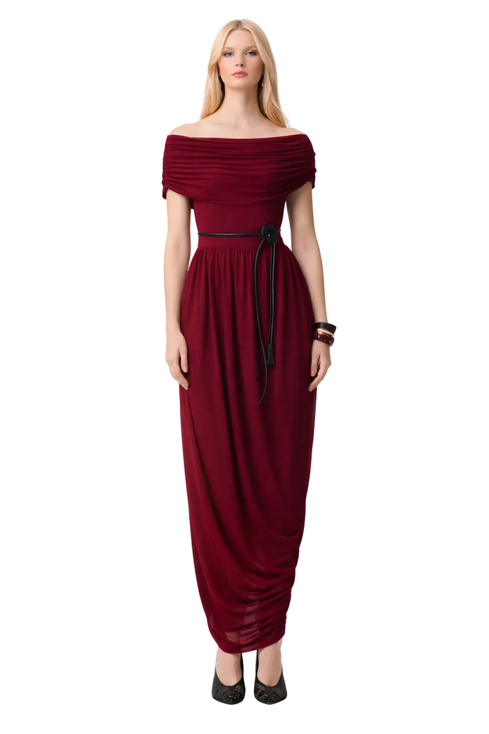 draped bateau-neck maxi dress with cinched waist tie – DRAPE