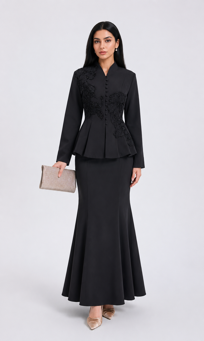 Elegant Embroidered Peplum Top & Mermaid Skirt Set - Champagne