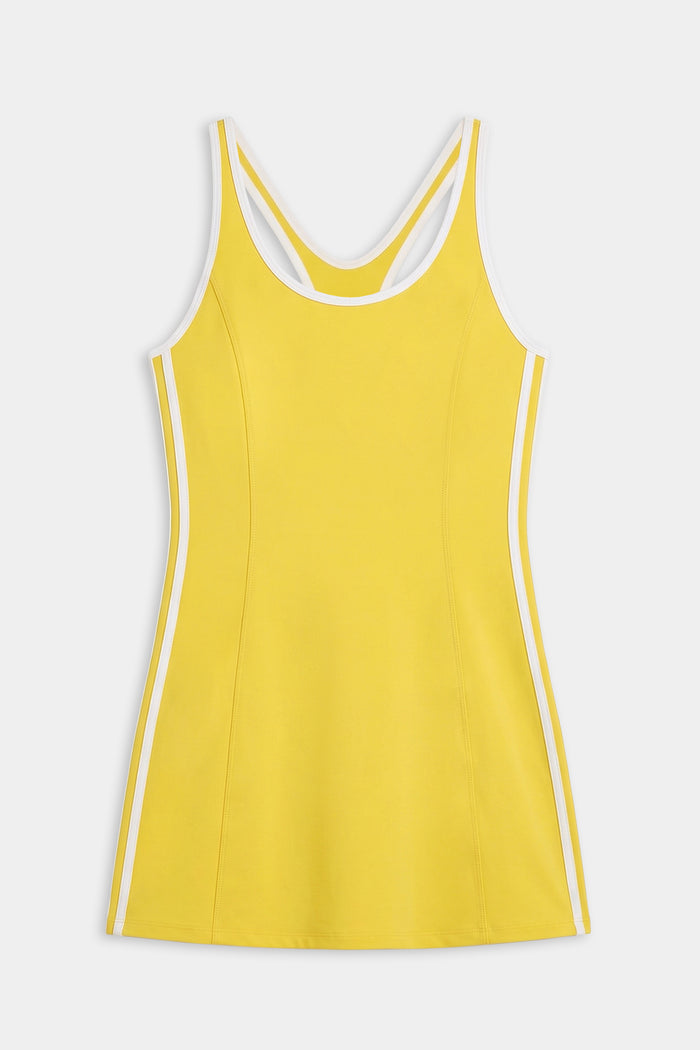 The SPLITS59 Ella Airweight Dress in Bright Yellow/White features a sleeveless design with white trim, vertical stripes, and built-in shorts—perfect for court sports. Shown on a plain white background.