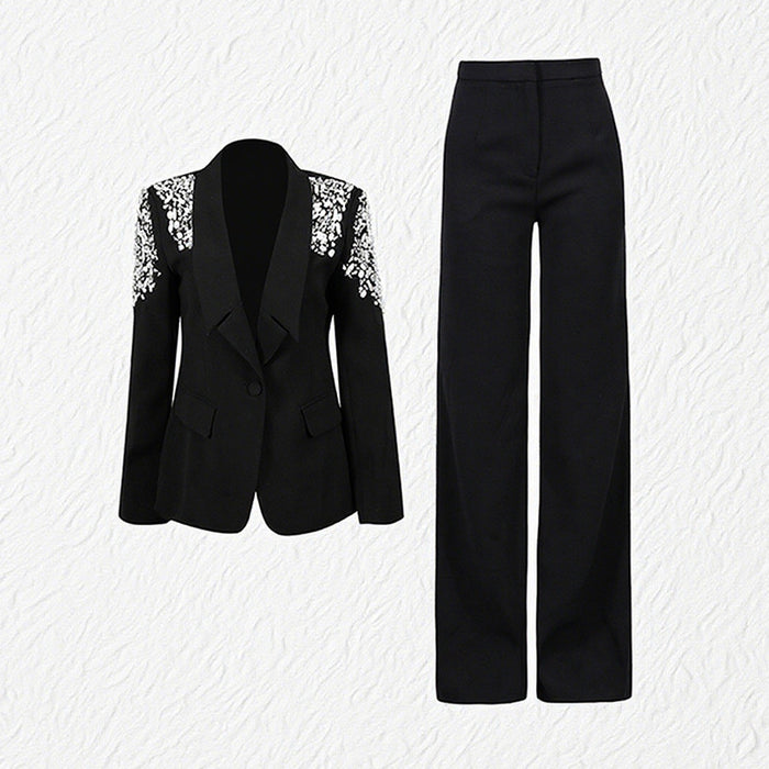 embellished shoulder tailored blazer and flared pants set – ELIANA