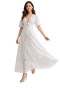 Embroidered Maxi Dress with Deep V-Neck and Puff Sleeves – LUMIÈRE
