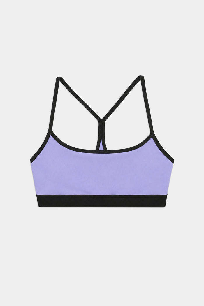 The SPLITS59 Emerson Airweight Bra in Purple Haze/Black features a racerback design, black trim, and a nylon-spandex blend, shown on a plain white background.