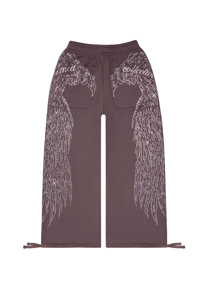 Flat lay of brown sweatpants with rhinestone wing design and two back pockets from named collective.
