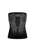 Front view of a washed black tube top featuring a rhinestone wing design.
