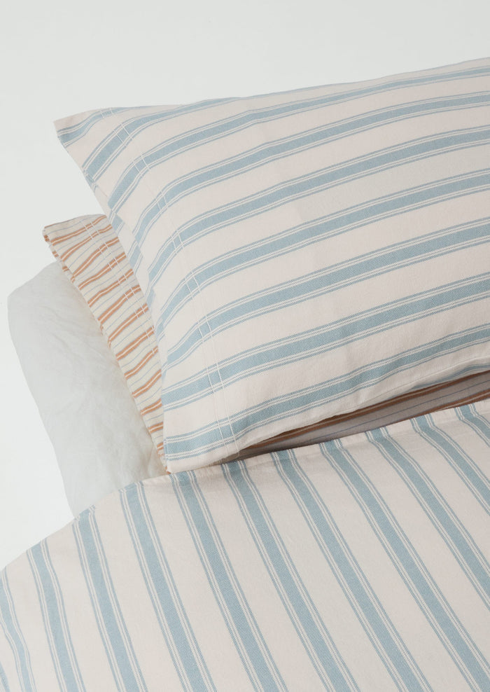 Fjord Stripe Cotton Flannel Housewife Pillowcase Set | Washed Blue/Ecru