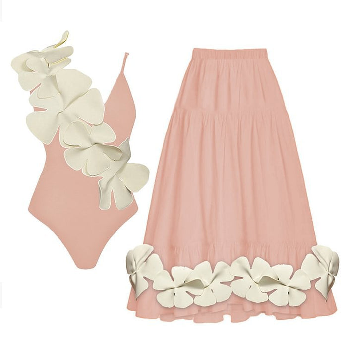 floral appliqué one-shoulder swimsuit with midi skirt set – ORANGE
