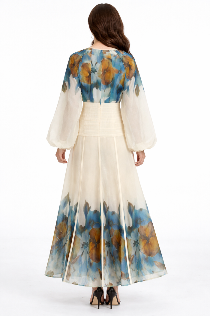 floral chiffon maxi dress with pleated waist panel – AURORA
