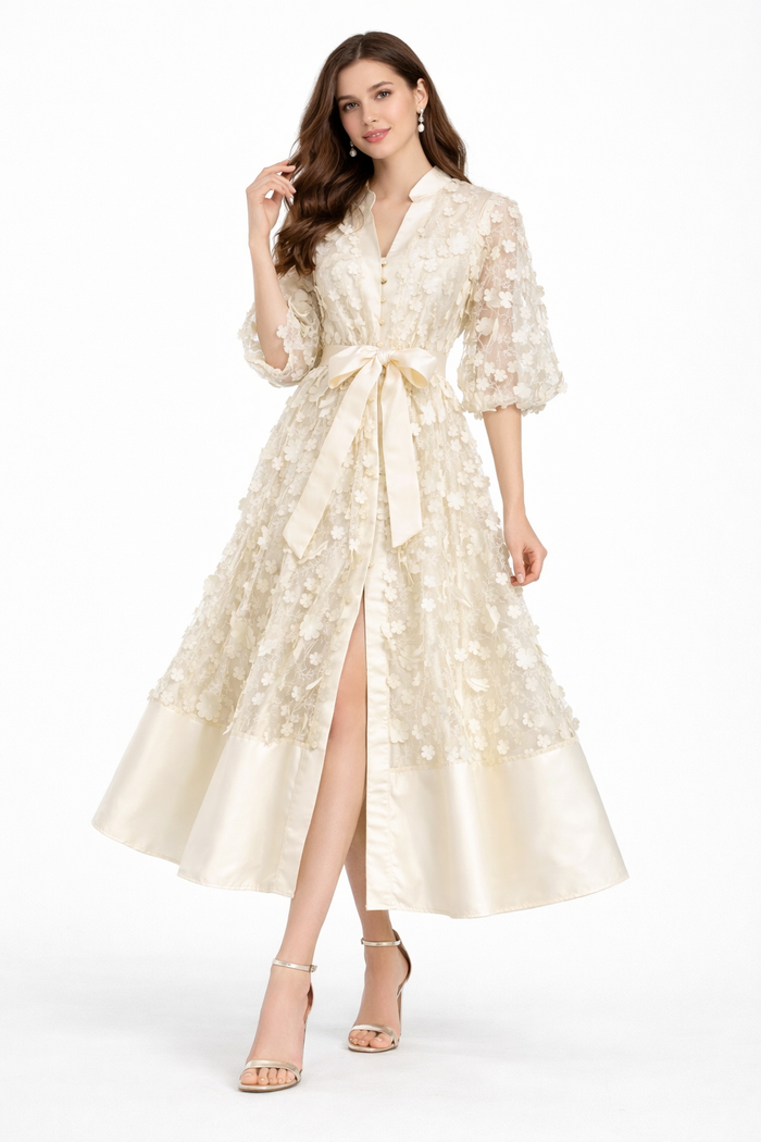 floral lace midi dress with satin hem and waist bow – BODY