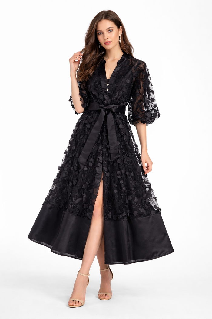 floral lace midi dress with satin hem and waist bow – BODY