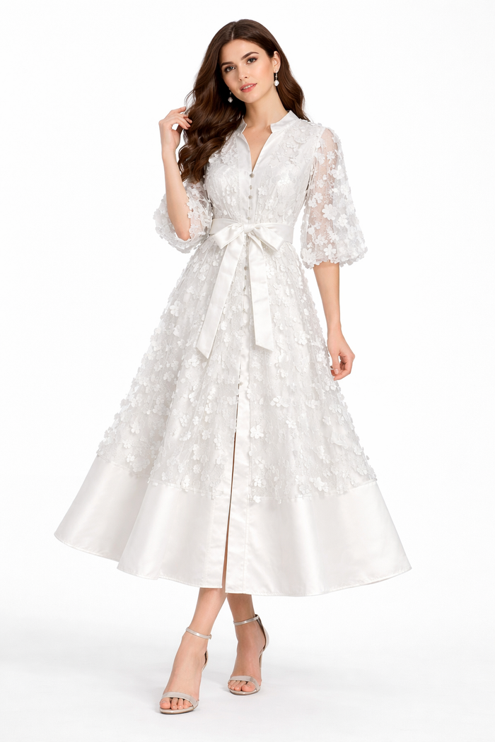 floral lace midi dress with satin hem and waist bow – BODY