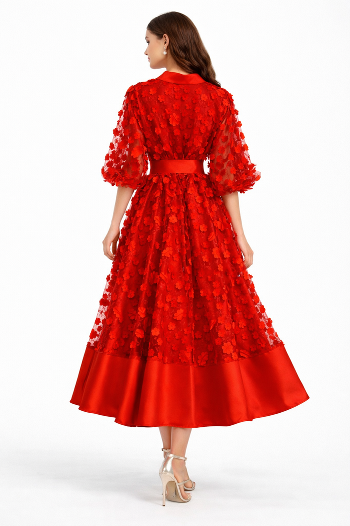 floral lace midi dress with satin hem and waist bow – BODY