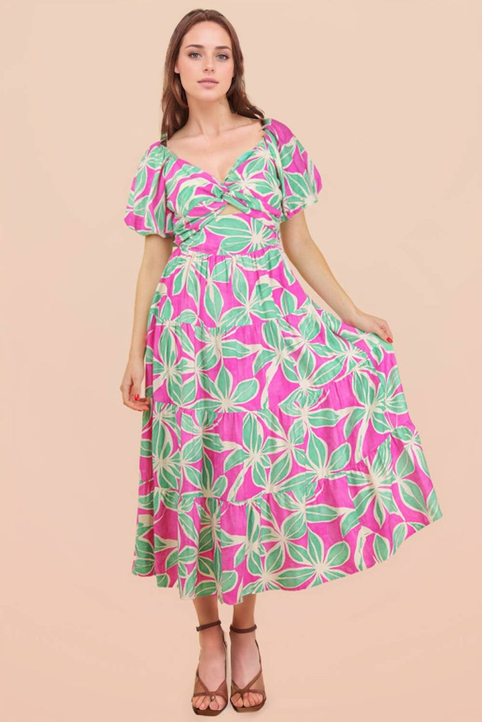 Floral Printed Puff Sleeve Resort Midi Dress