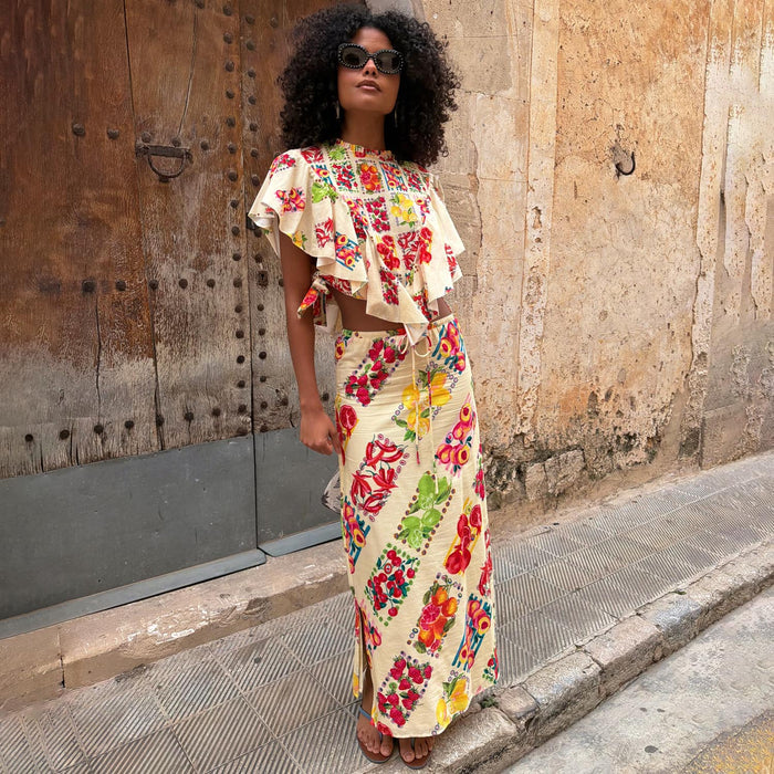 Fruit Stamps Mabel Skirt with Mediterranean citrus print and drawstring waist, paired as a co-ord with the Florence top.