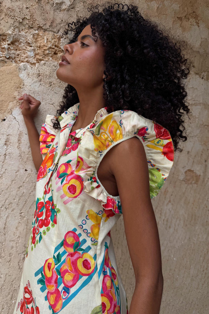 Fruit Stamps Remi Dress with ruffle sleeves and a bold fruit sticker print in a breathable cotton linen blend.