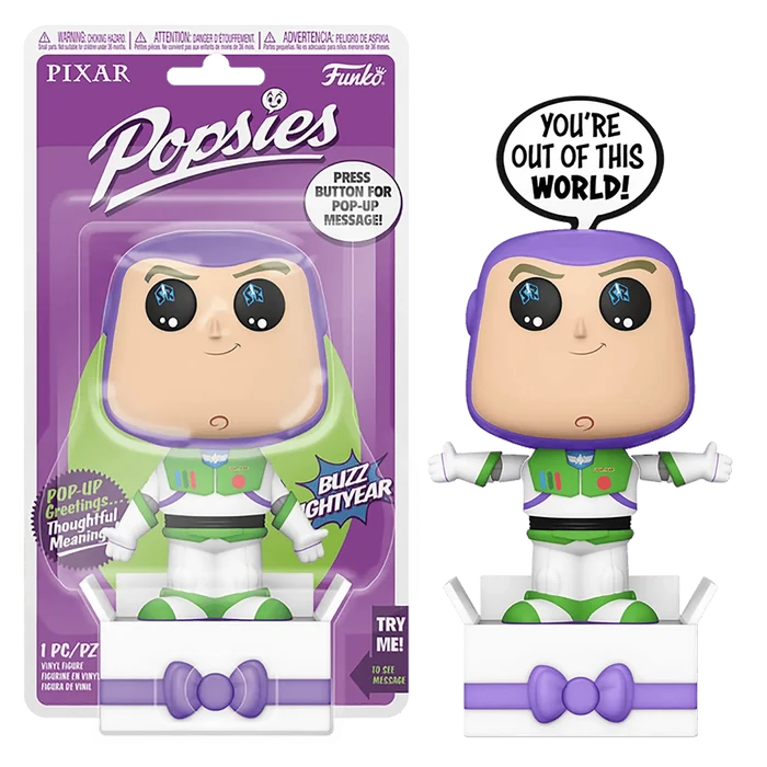 Buzz Lightyear Funko Popsies with pop up message You're out of this world