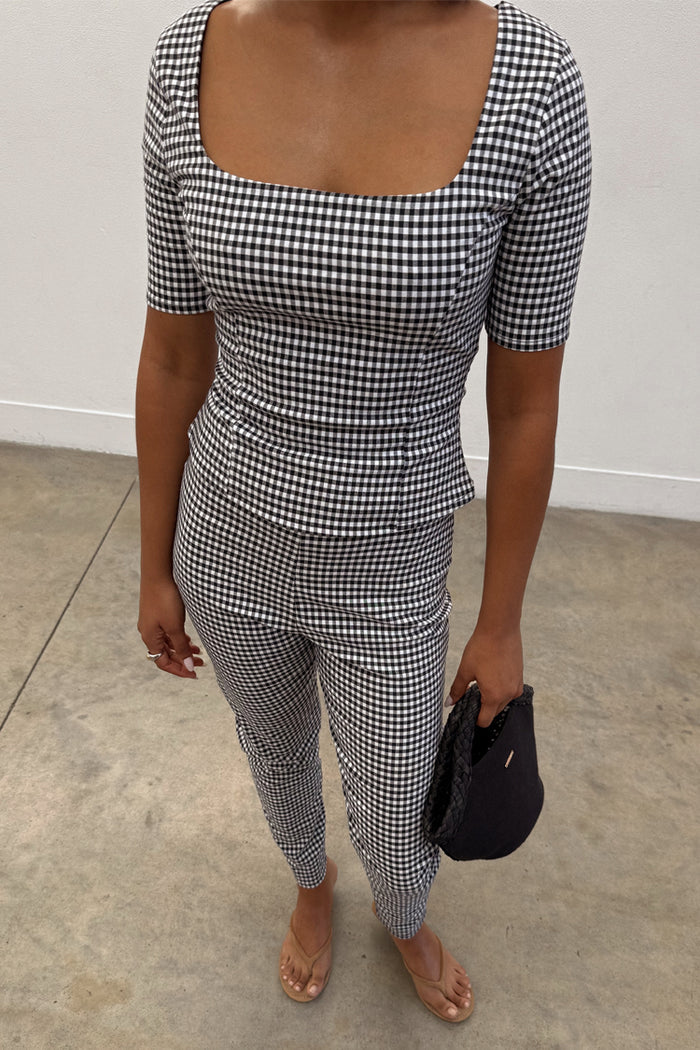 Black and white Gingham Top featuring a deep square neckline and corset-style darts, styled as a co-ord.