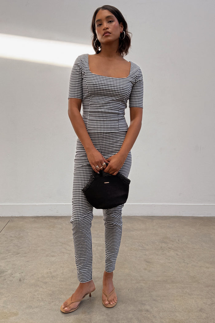 Black and white Gingham Top featuring a square neckline and corset darts, paired with matching trousers as a co-ord.
