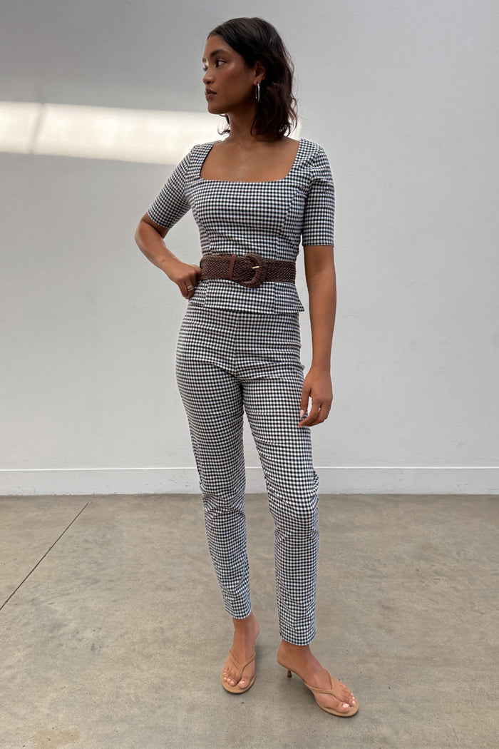 Black and white Gingham Trousers and matching top co-ord set featuring a skinny fit and square neckline.