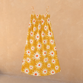 Girl's yellow cotton maxi sun dress with an orange sun print, shirred bodice and thin straps.