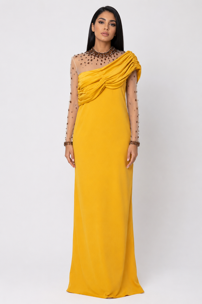 Golden Mustard Draped Evening Gown – Luxe