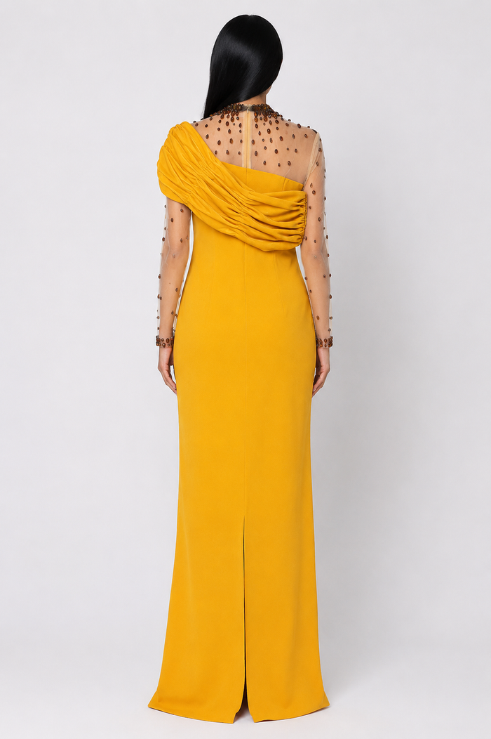 Golden Mustard Draped Evening Gown – Luxe