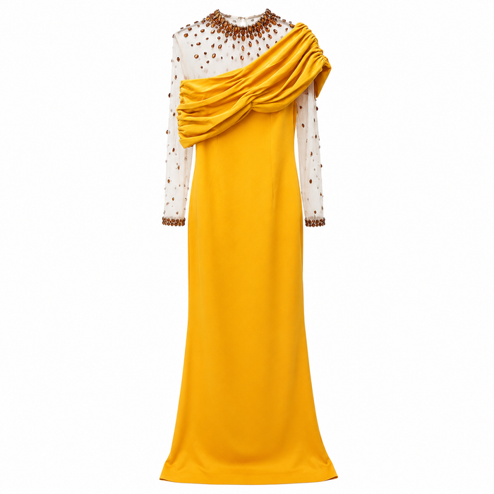 Golden Mustard Draped Evening Gown – Luxe