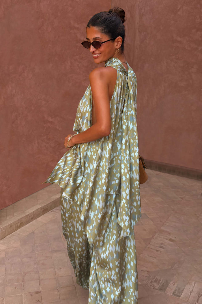Green Diamond Print Halter Top in olive satin with a draped back scarf and asymmetric hem, part of a co-ord.