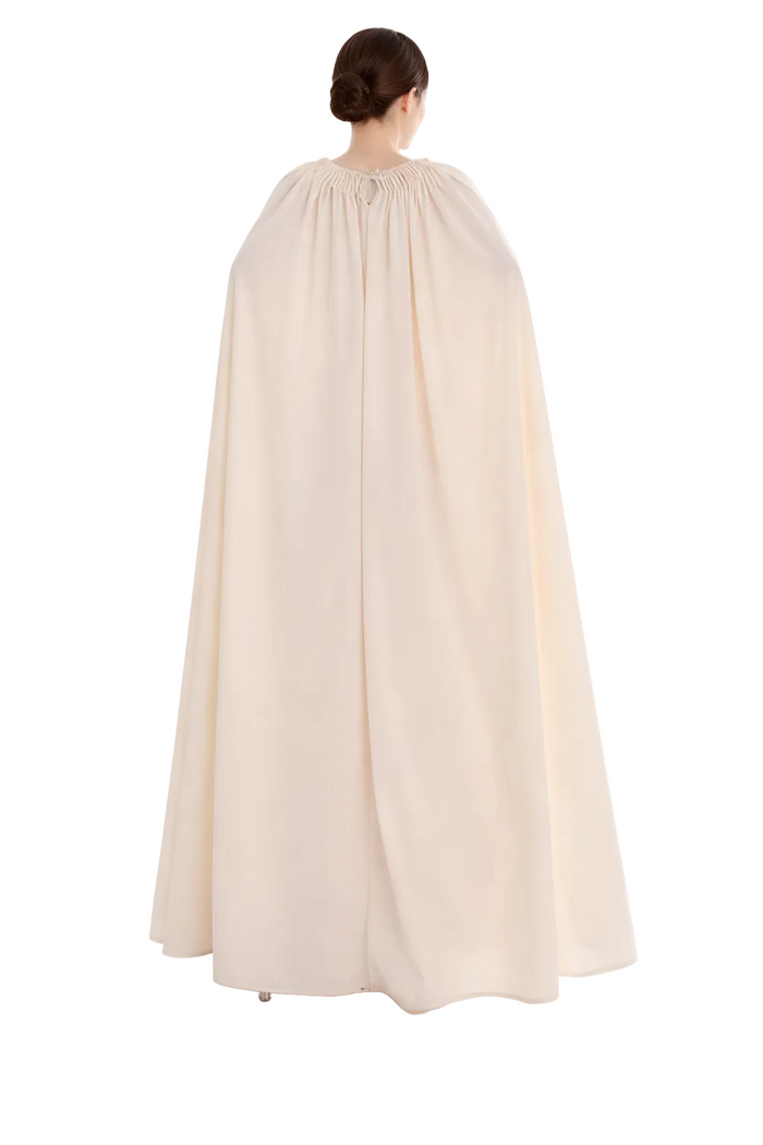 high-neck cape maxi dress with gathered waist – MAJESTY