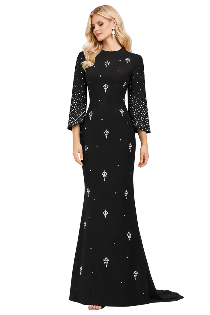 high-neck cape sleeve mermaid gown with crystal embellishments – STARDUST