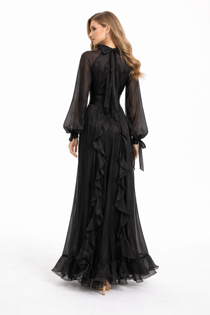 high neck chiffon maxi dress with cascading ruffles – SHS