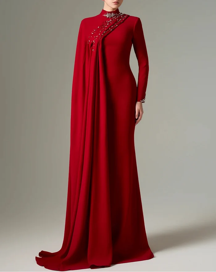 High-neck column dress with embellished draped detail – SUBY-1