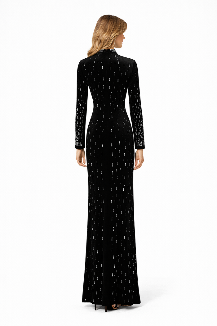 high neck embellished long sleeve maxi dress – RUBY