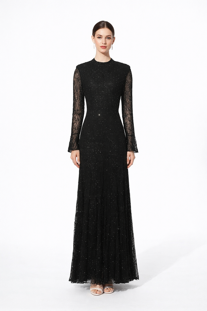 high neck lace embellished maxi dress – LACE