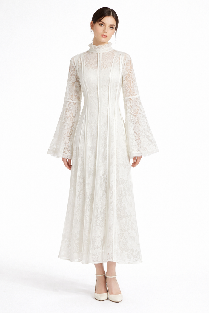high-neck lace maxi dress with flared sleeves – ÉLÉGANCE