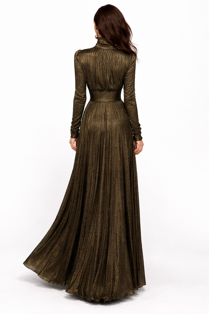 High-Neck Metallic Pleated Maxi Dress with Belt – OBSIDIAN