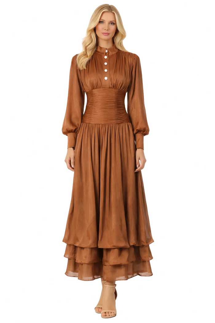high-neck pleated midi dress with layered hem – ELIANS