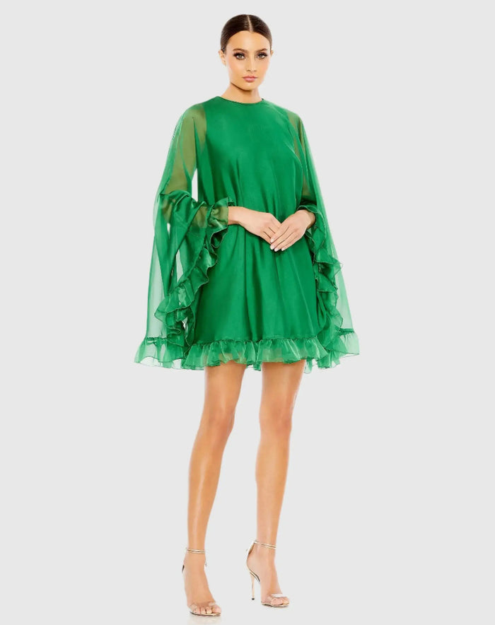 Green High Neck Ruffle Hem Cape Mini Dress - Ieena for Mac Duggal